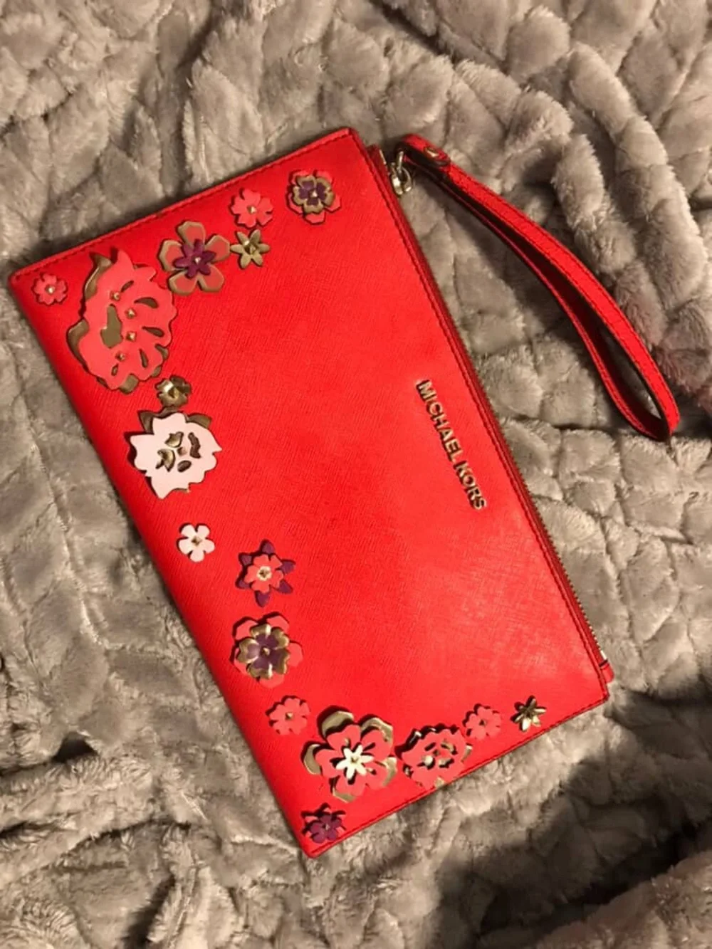 SOLD Michael Kors Red Saffiano Leather 3D Floral Wristlet Clutch